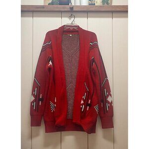 Gianni Bini Large Southwestern Print Open Front Long Cardigan Sweater Red Black